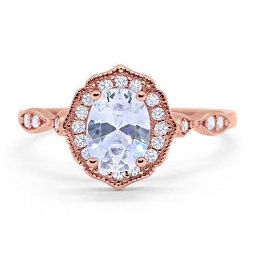Antique Style Oval Engagement Ring Rose Tone, Simulated CZ 925 Sterling Silver